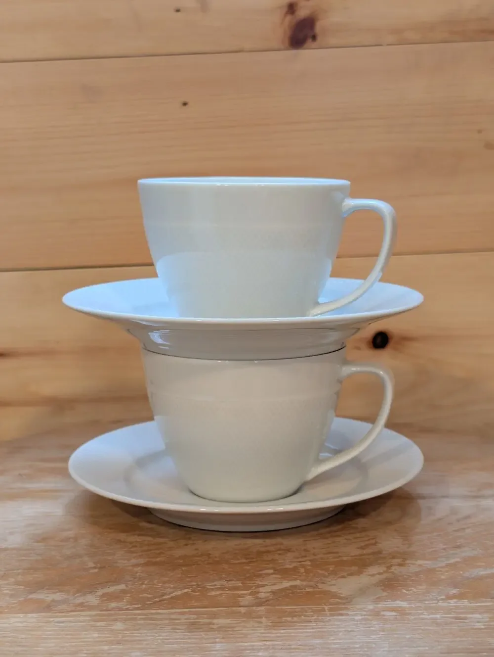 Pottery Barn Textured White Tea Cups & Saucers - Set of 2 - Embossed Stoneware